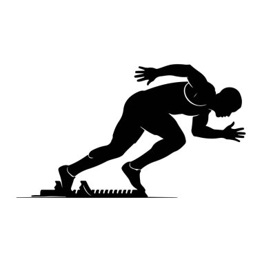 Bir koşucu duruşu içinde siyah bir erkek atlet silueti beyaz bir arka plana karşı tasvir edilir. Sporcu bir başlangıç noktasında, bir bacağı önde ve diğer bacağı bükük, itilmeye hazır. Gövdesi öne eğik, kolları açık.