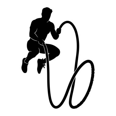 Savaş halatı egzersizi yapan atletik bir adamın siyah silüeti. Adam dinamik bir pozda ipi iki eliyle tutuyor ve dalgalar yaratıyor. Görüntü, beyaz arkaplandaki katıksız siyah beyaz bir grafiktir..