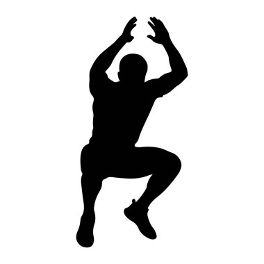 Atletik bir adamın siyah bir silueti havada yakalanır, kolları başının üstünde zıplar. Vücudu dinamik bir şekilde konumlandırılmış, bir bacağı bükülmüş ve diğeri genişlemiş, güçlü bir hareket hissi veriyor. Katıksız karşıtlık 