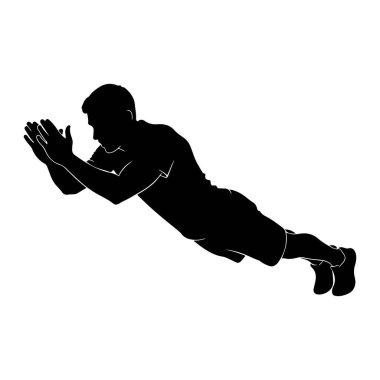 Atletik giysili bir adamın siyah silueti hareketli bir şınav çekerken yakalandı. Vücudu ileri doğru uzanıyor, elleri yerde ve kolları bükülmüş, bu da egzersizin aşağı doğru olduğunu gösteriyor. Bacakları uzamış.