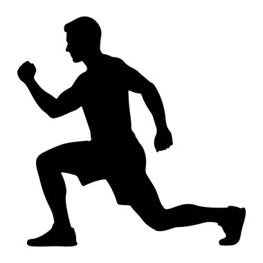 Atletik bir adamın siyah silueti dinamik bir hamleyle bembeyaz bir arkaplana karşı tasvir edilir. Vücudu öne doğru açılı, bir bacağı arkaya uzanıyor ve diğeri dizine eğiliyor, bu da hareket ve çaba gösterdiğini gösteriyor. Siluet berrak!