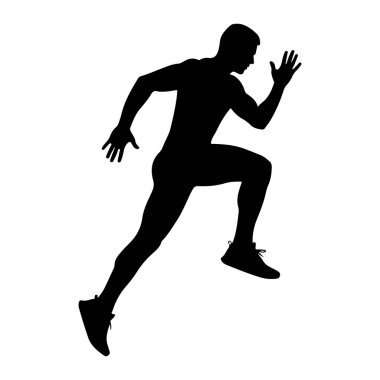 Hareket halindeki bir atletik adamın siyah silueti, koşarken orta basamakta yakalandı. Vücudu öne doğru açılı, bir bacağı arkaya, diğeri öne doğru eğilmiş, bu da hızlı hareket ettiğini gösteriyor. Kolları denge ve itiş gücüne yardımcı olacak şekilde yerleştirildi.