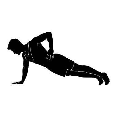 Yan tahtası egzersizi yapan siyah bir atletik adam silueti. Vücudu yatay olarak genişletilmiş, tek eliyle ve ayağının tarafıyla desteklenmiş. Diğer kolu dirseğinde bükülmüş, eli kalçasında dinleniyor. Atletik şeyler giyiyor.