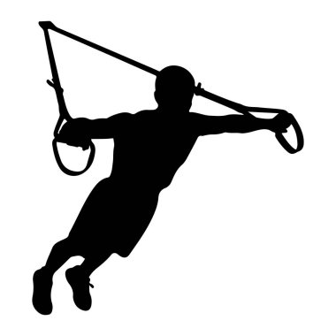 Bir kişinin siyah silueti hareket halinde tasvir edilir, bir uzaklaştırma eğitim egzersizinde yer alır. Şekil, bir bacağı uzatılmış ve diğeri bükülmüş şekilde yukarıda duran kayışlara tutunuyor. Siluet düz beyaz bir arka plana karşı keskindir.