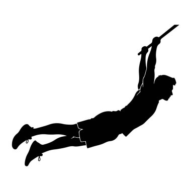 Bir sırıkla atlama etkinliği sırasında havada uçuşan siyah bir atlet silueti. Sporcu, vücudunu yatay olarak genişletmiş bir sopa tutuyor. Kolları havada, direği tutuyorlar, ve bacakları bükülüp arkaya doğru gidiyor. Siluet...