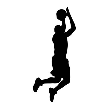 Bir basketbol oyuncusunun siyah silueti havada yakalanıyor, basket oynamak için zıplıyor. Oyuncu şort ve atletik ayakkabılar giyiyor, bir kolu yukarı doğru uzatılmış, topu potaya doğru fırlatmaya hazır. Karşıt siyah