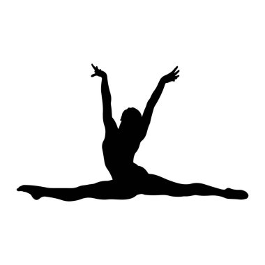 Dansçının siyah bir silueti, kolları yukarı doğru uzanmış, dinamik bir şekilde çekilir. Şekil yatay olarak konumlandırılmıştır, bacakları mükemmel bir şekilde ayrılmıştır. Kollar kaldırılır ve dirsekler bükülür, eller zarif bir şekilde eski