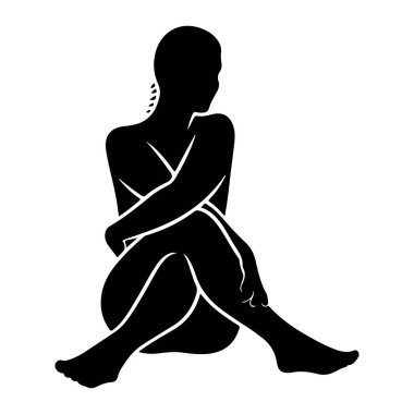 Siyah bir insan silueti bacak bacak üstüne atmış ve kollarını vücuduna sarmış bir şekilde oturmaktadır. Şekil, düz beyaz bir arkaplanda yer alıyor. Silüet sade ve minimalisttir, şekli net çizgiler belirler. Poz şekeri.
