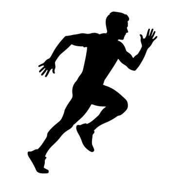 Bir erkek koşucunun siyah silueti, dinamik bir pozda yakalandı. Koşucu öne doğru eğiliyor, bir bacağı arkaya uzanıyor ve diğeri dizine eğiliyor, bu da ileri momentumu gösteriyor. Kolları denge ve itiş gücü için konumlandırıldı.