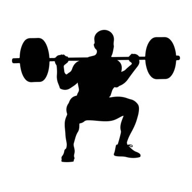 Halter çökerken siyah bir adam silueti. Adam omuzlarının ve sırtının üstünde duran bir halterle çömelmiş bir pozisyonda. Halterin iki ucunda da ağırlık var. Silüet düz beyaz bir arkaplan üzerine kurulur.