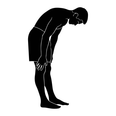Bir adamın siyah silueti yan tarafından tasvir edilir, belden öne doğru dizleri hafifçe bükülür. Başı eğik ve elleri dizlerinin üstüne çökmüş. Beyaz bir arkaplanda izole edilmiş bir figür, dinamik bir poz sergiliyor.