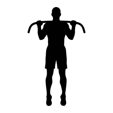 Omuzlarında kavisli bir çubuk tutan siyah bir adam silueti öne bakıyor. Adam şort giyiyor ve bir fitness aktivitesine katılmış gibi görünüyor. Arkaplan düz beyaz, siyah figürün katıksız kontrastını vurguluyor.