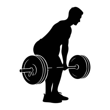 Profilde siyah siluet bir adam, eğilip iki yanında ağırlık olan bir halteri kavrıyor. Adam atletik ayakkabılar giyiyor. Resim beyaz bir arkaplanda izole edilmiştir.