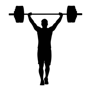 Siyah bir adam silueti kollarını yukarı kaldırmış, ağır bir halteri yukarıda tutuyor. Halterin her iki ucunda büyük ağırlık plakaları var. Adam tepeden tırnağa tasvir ediliyor, vücudu güçlü, kaldırılmış bir pozla. Arka plan çok...