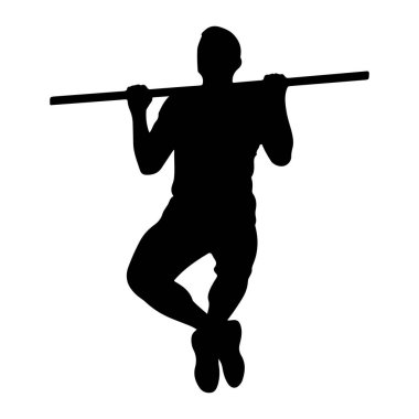 Bir adamın siyah silueti barfiks egzersizi yaparken resmedilir. Elleriyle yatay bir çubuğu kavrıyor ve bedeni aşağıda, bacak bacak üstüne atmış şekilde asılı duruyor. Arkaplan bembeyaz, figürün katıksız siyah formunu vurguluyor.