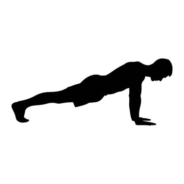 Bir adamın siyah silueti şınav pozisyonunda gösterilir. Vücudu elleri ve ayakları tarafından destekleniyor. Kafası eğik ve kolları bükülmüş. Bu da şınav çekmenin aşağı doğru olduğunu gösteriyor. Siluet düz beyaz bir B 'ye karşı katıdır.