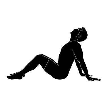 Siyah bir siluet tasvir edilir bacaklarını açmış ve kollarını yerde dinlendirirken. Bireyin kafası geriye doğru eğik, yukarı bakıyor, esneme ya da meditasyonsal bir duruş izlenimi veriyor. Siluet beyaz bir çuvala karşı katıdır.