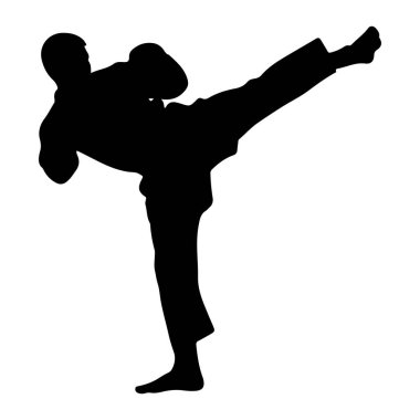 Bir dövüş sanatçısının siyah silueti, bir hareketin ortasında yakalanıyor ve güçlü bir tekme savuruyor. Bu figür, böyle bir grev için gereken yoğunluk ve dengeyi gösteren dinamik bir hareketle tasvir ediliyor. Siyah figür arasındaki tam zıtlık 