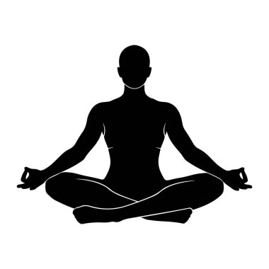 Bir kişinin siyah silueti, genellikle lotus duruşu olarak bilinen oturarak meditasyon pozunda tasvir edilir. Şekil, merkezde düz beyaz bir arkaplan üzerine kuruludur. Siluet simsiyahtır, ince beyaz çizgiler çevreyi tanımlar.