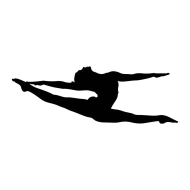 Havada dans eden bir dansçının silueti, bacaklarını açıp kollarını yatay olarak uzatarak bir atlayış yapıyor. Dansçının başı geriye doğru eğik, ve vücutları kemerli, dinamik bir hareket ve zarafet hissi veriyor. Siluet...