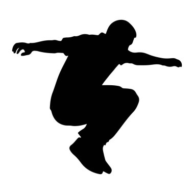 Dinamik bir şekilde zıplarken temiz beyaz bir arkaplanda yakalanmış bir adamın katıksız siyah silüeti. Şekil, denge için kolları dışa doğru açılmış ve bir sıçramanın ortasındaymış gibi bacakları bükülmüş bir şekilde havada duruyor. Siluet formu vurguluyor ve m