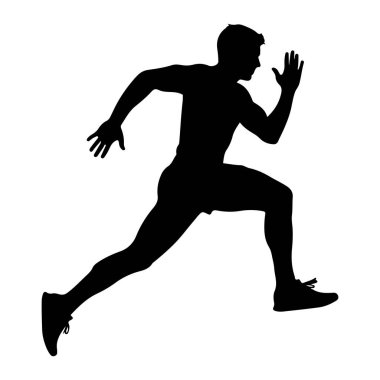 Beyaz arka planda dinamik bir duruşla yakalanmış, orta basamaklı bir erkek atletin siyah silüeti. Koşucunun vücudu öne doğru açılıdır, bir bacağı arkaya, diğeri öne eğilir, hızlı bir hareket hissi verir.