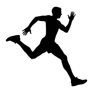 Bir erkek sporcunun silüeti, dinamik bir hareketle yakalandı. Şekil, koşucunun biçimini ve hareketini vurgulayan düz beyaz bir arkaplan üzerinde tasvir edilir. Siluet açıkça vücudun duruşunu gösteriyor. 