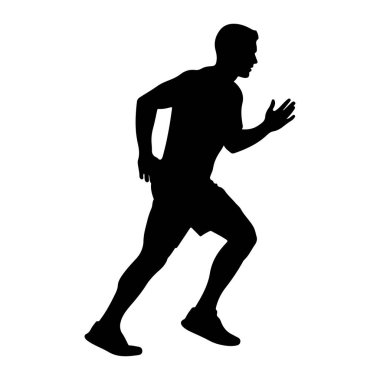 Hareket halindeki bir adamın siyah silueti, koşarken orta basamakta yakalanmış. Şekil, bir bacağı ileri, diğer bacağı geri uzanarak hız ve atletizm duygusunu yansıtıyor. Kolları dirseklerinden bükülmüş.