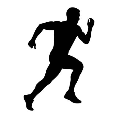 Tam bir siyah siluet. Bir erkek figürü. Dinamik bir duruşla yakalandı. Şekil ve hareketin vurgulandığı bembeyaz bir zemin üzerinde resmedilmiştir. Kollar itici güç için konumlandırıldı ve bacaklar genişletildi.