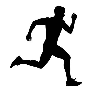 Bir erkek figürünün siyah silüeti, orta basamakta koşuyor. Şekil dinamik bir hareketle tasvir ediliyor, kollar ve bacaklar sanki bir sürat koşusundaymış gibi uzanıyor. Siluet düz beyaz bir arkaplan karşısında simsiyah, R 'nin biçimini ve hareketini vurguluyor.