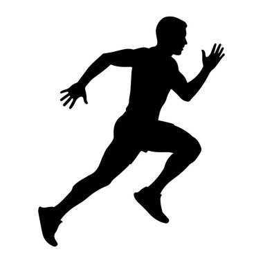 Bir erkek atletin silüeti, dinamik bir koşuda yakalandı. Şekil ve hareketini vurgulayarak, düz beyaz bir arkaplan üzerinde tasvir edilir. Koşucunun vücudu öne doğru açılıdır, bir bacağı geriye ve geriye doğru açılıdır.