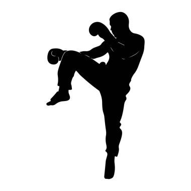 Dövüş sanatları pozisyonunda tekmeleyen siyah bir siluet. Rakam boks eldiveni takıyor ve hareketin ortasında gibi görünüyor. Siluet, dinamik duruşu ve formunu vurgulayan düz beyaz bir arkaplan üzerine sabittir.