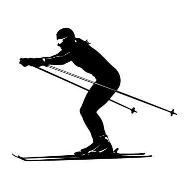 Kayak yapan birinin siyah silueti. Kayakçı bir şapka ve gözlük takıyor ve kayak sopaları tutuyor. Kayaklar görülebiliyor ve vücut dinamik ve öne eğimli bir şekilde hareket ediyor. Arkaplan beyaz.