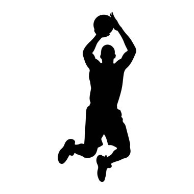 Bir erkek basketbolcunun siyah silueti, atlama sırasında havada tasvir edilir. Basket topunu başının üstünde tutuyor, ya atış yapmaya ya da smaç basmaya hazırlanıyor. Şekil dinamik bir duruşta gösterilir, bir bacağı bükülür, diğeri uzatılır, dolandırılır.
