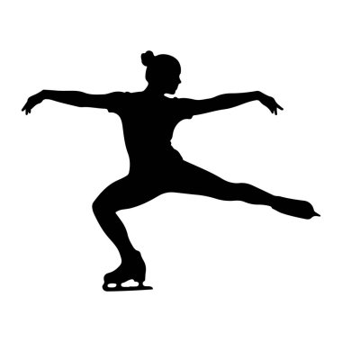 Artistik patinajcının siyah silueti, dinamik ve zarif bir pozda beyaz arka plana karşı çekilir. Kaykaycının gövdesi açılıdır, bir bacağı ileri ve diğer bacağı büküktür, kollar yanlara doğru uzanır, bir sese doğru uzanır.