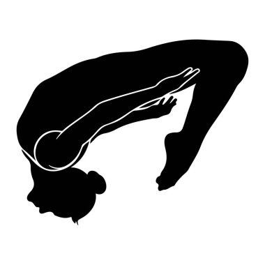 Bir jimnastikçinin siyah silueti beyaz arka plana karşı derin bir arka eğri pozuyla tasvir edilir. Jimnastikçinin vücudu geriye doğru kıvrılmış, bacakları bükülmüş ve ayakları sivri. Kollar yukarı ve hafifçe geriye doğru uzanıyor, eller f 'ye doğru uzanıyor.