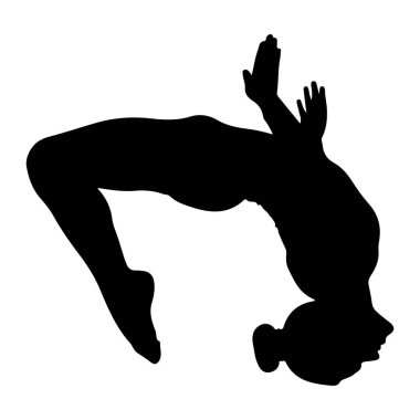 Bir kadın jimnastikçinin siyah silueti, arka eğimli bir pozla bembeyaz bir arka plana karşı betimlenir. Vücudu geriye doğru kavisli, başı arkaya eğik ve kolları yukarı ve dışarı doğru uzanıyor. Bacakları bükülmüş ve gerilmiş.