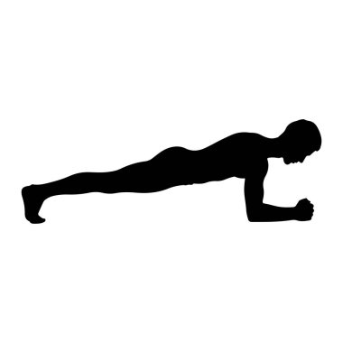 Siyah bir siluet, tahta egzersizi yapan bir adam tasvir edilir. Vücudu yatay olarak genişliyor, ön kolları ve ayak parmakları tarafından destekleniyor. Şekil beyaz bir arkaplanda izole edilmiş ve katı bir kontrast yaratıyor. Poz, asıl çatışmayı vurguluyor.