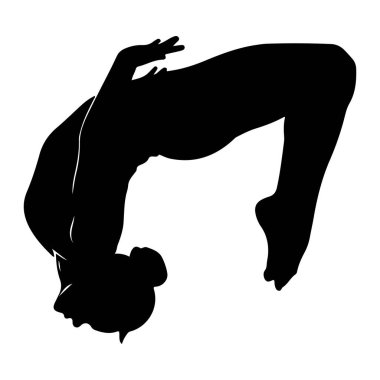 Saf siyah bir jimnastikçi silueti, dinamik bir arka eğimde temiz beyaz arka plana karşı çekilir. Jimnastikçinin vücudu kemerli, kolları açık ve bacakları bükülmüş, esneklik ve atletik form sergiliyor. Görüntü bir grafik temsili.