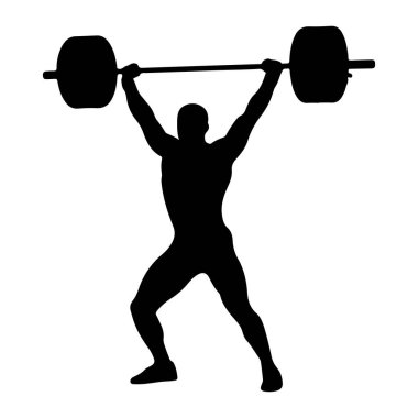 Kaslı bir adamın siyah bir silueti, bir halteri yukarı kaldırırken resmedilir. Adamın kolları yukarı doğru uzanıyor ve iki ucunda ağırlıklar var. Bacakları güçlü bir duruş sergileyerek asansörün gücünü gösteriyor. Arkaplan 