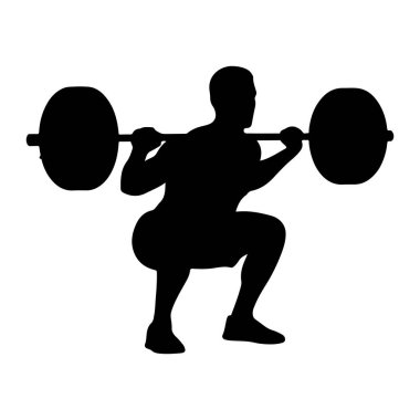 Halter çökerken siyah bir siluet. Şekil, halter üst sırt ve omuzlarda dinlenirken derin bir çömelme yerinde konumlandırılmıştır. Siluet, düz beyaz bir arkaplan üzerinde durarak, şekil ve eylemi vurguluyor