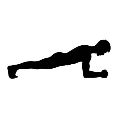 Siyah bir siluet, vücudunu ön kolları ve ayak parmakları üzerinde destekleyen tahta bir pozisyonda gösterilir. Vücudu tepeden tırnağa düz bir çizgide uzanıyor. Bu da çekirdek kuvvet egzersizini gösteriyor. Arka plan bembeyaz, özellikle de...