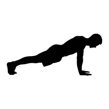 Bir adamın siyah silueti şınav pozisyonunda gösterilir. Vücudu genişliyor, elleri ve ayakları tarafından destekleniyor, sanki egzersizin ortasındaymış gibi kolları bükülüyor. Arkaplan düz beyaz, figürün koyu hatlarını vurguluyor..