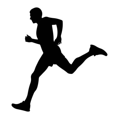 Dinamik bir şekilde yakalanmış, uzun adımlı bir adamın siyah silueti. Şekil yandan gösteriliyor, bir bacağı öne, diğeri arkaya doğru uzanıyor ve bir hız ve hareket hissi veriyor. Kollar bükülüp etkili bir şekilde yerleştirildi. 