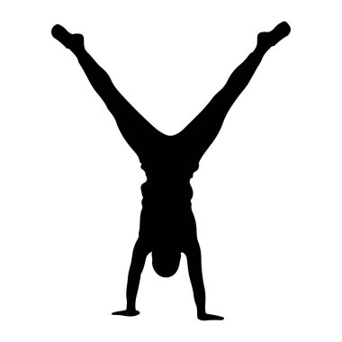 Beyaz bir arka plana karşı amuda kalkarken çekilmiş siyah bir siluet. Kişinin elleri yerde, ve bacakları yukarı doğru V şeklinde uzanıyor. Görüntü, atletik bir duruşun temiz ve grafik bir temsili..