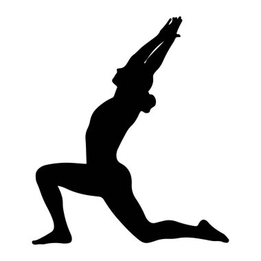 Bir kişinin siyah silueti dinamik bir yoga pozunda bembeyaz arka planda tasvir edilir. Şekil, ön diz bükülmüş ve arka bacak uzatılmış, ayaklar yerde dinlenmiş bir şekilde hamlede pozisyondadır. Kollar havaya kalktı.