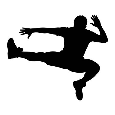 Dinamik bir atlayış sırasında havada yakalanan bir kişinin siyah silueti. Şeklin bir bacağı öne, diğeri arkaya doğru eğilmiş, kolları yana doğru açılmış ve bir eli havada gösteriliyor. Poz, enerjik bir hareketlilik hissi veriyor.