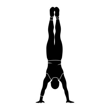 Beyaz bir arka plana karşı amuda kalkarken çekilmiş siyah bir siluet. Kişinin elleri üzerinde dengesi sağlanır ve bacakları havaya doğru açılır. Spor giysileri giyiyorlar. Gömlek ve leggi çizgilerinden anlaşılıyor.