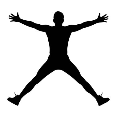 Bir kişinin siyah silueti beyaz arka planda tasvir edilir. Kişi kollarını tamamen yatay olarak uzatır ve bacakları dinamik bir pozisyonda açılır. Bu da bir hareketi ya da kutlama jestini işaret eder. Siluet temiz ve karanlık.
