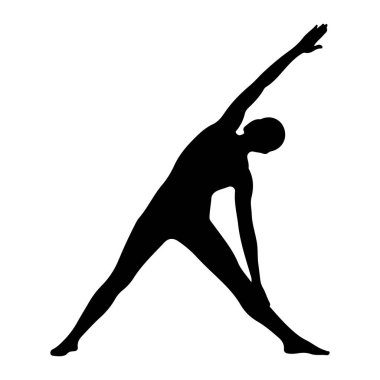 Bir kişinin siyah silueti dinamik bir esneme pozuyla bembeyaz bir arkaplana karşı tasvir edilir. Şeklin gövdesi bükülmüş, bir kolu yukarı doğru uzanmış ve diğeri yere doğru uzanmış, bacakları geniş bir duruş içinde yayılmış. Şey... 